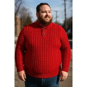 Bold Red Cable Knit Mens Sweater 2XL Mock Neck Heavy Knit  Warm Cozy Holiday Red